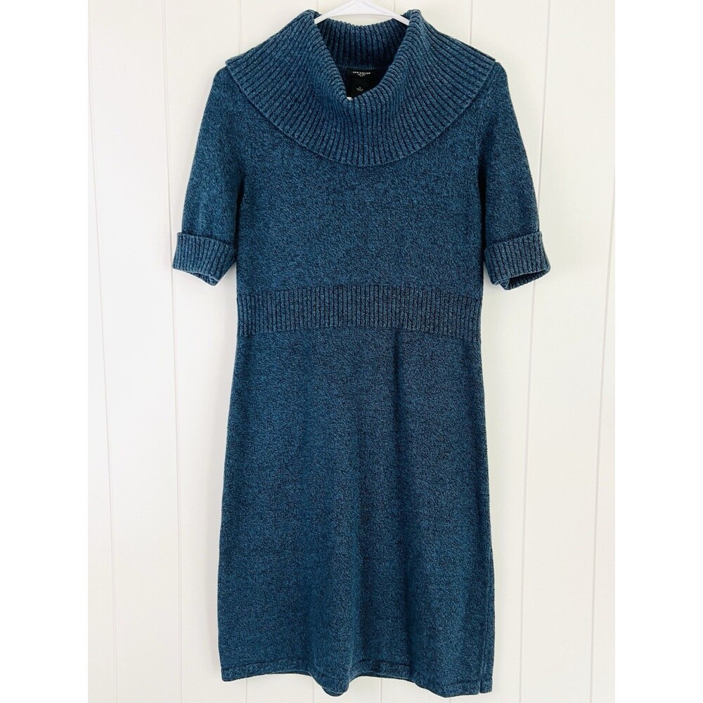 Ann Taylor Navy Blue Soft Cozy Sweater Dress Ribbed Cowl Neck & Waist Medium
